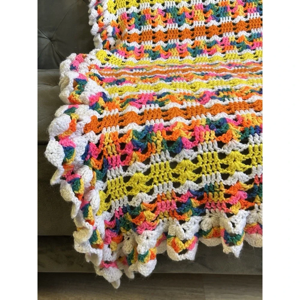 Handmade Crochet‎ Retro Afghan Lap Throw Bright & Colorful Unique Granny Core